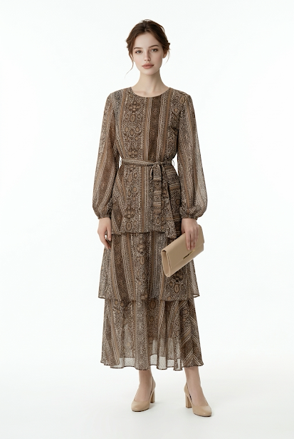 237   Chiffon Ruffle Dress in Brown Tones with Matching Belt