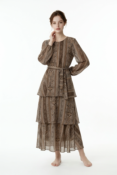 237   Chiffon Ruffle Dress in Brown Tones with Matching Belt