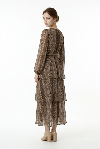 237   Chiffon Ruffle Dress in Brown Tones with Matching Belt
