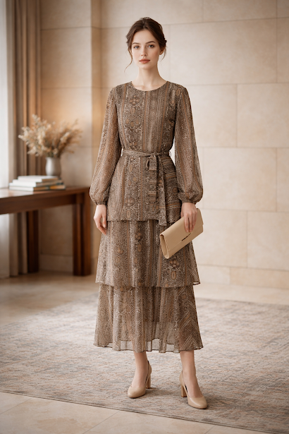 237   Chiffon Ruffle Dress in Brown Tones with Matching Belt