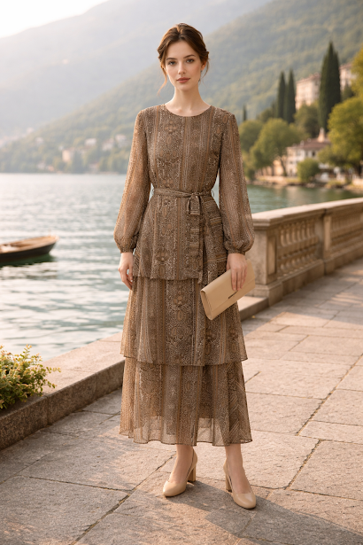 237   Chiffon Ruffle Dress in Brown Tones with Matching Belt
