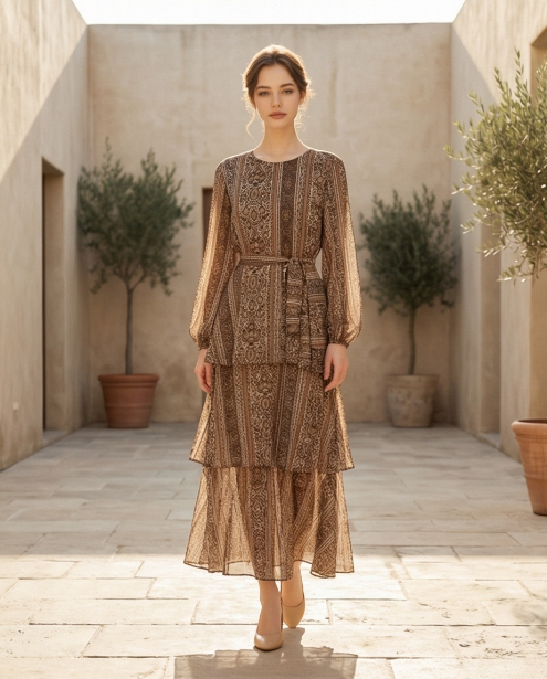 237   Chiffon Ruffle Dress in Brown Tones with Matching Belt