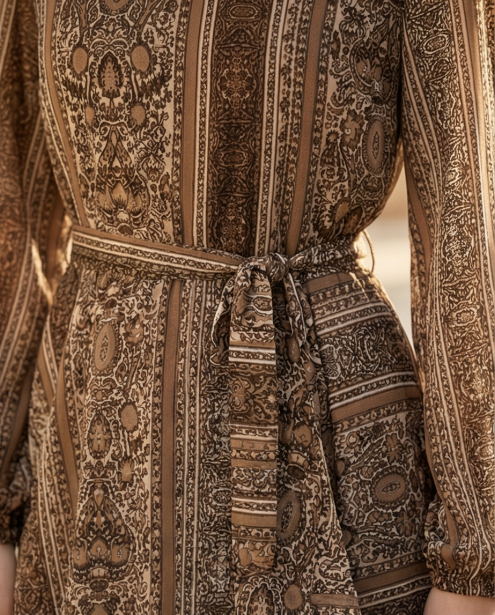237   Chiffon Ruffle Dress in Brown Tones with Matching Belt