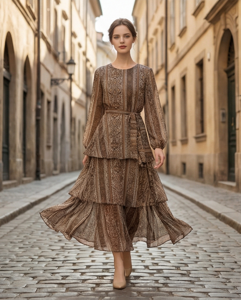 237   Chiffon Ruffle Dress in Brown Tones with Matching Belt