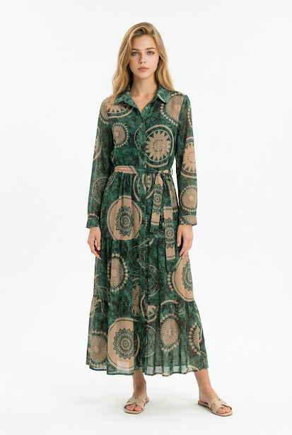 238   Midi Chiffon Shirt Dress in Forest Green with Beige Prints