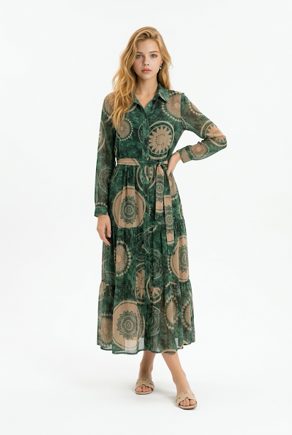 238   Midi Chiffon Shirt Dress in Forest Green with Beige Prints