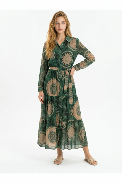 238   Midi Chiffon Shirt Dress in Forest Green with Beige Prints