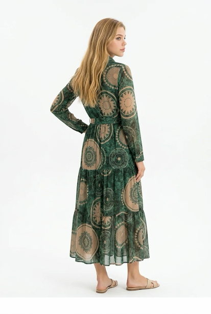 238   Midi Chiffon Shirt Dress in Forest Green with Beige Prints
