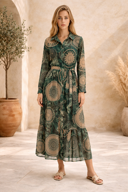 238   Midi Chiffon Shirt Dress in Forest Green with Beige Prints