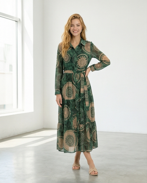 238   Midi Chiffon Shirt Dress in Forest Green with Beige Prints