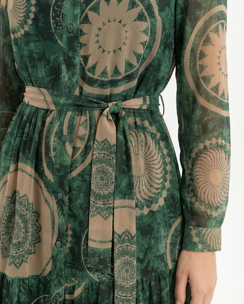 238   Midi Chiffon Shirt Dress in Forest Green with Beige Prints