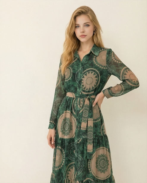 238   Midi Chiffon Shirt Dress in Forest Green with Beige Prints