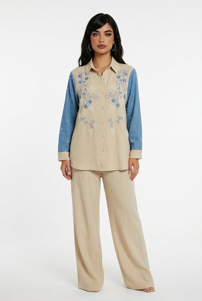234   Cotton Two-Piece Set in Beige with Blue Embroidery & Pearls