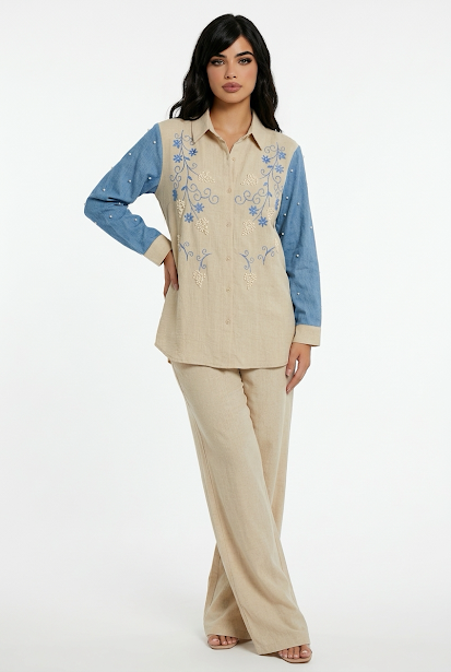 234   Cotton Two-Piece Set in Beige with Blue Embroidery & Pearls