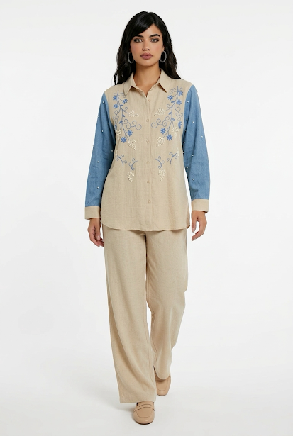 234   Cotton Two-Piece Set in Beige with Blue Embroidery & Pearls