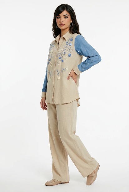 234   Cotton Two-Piece Set in Beige with Blue Embroidery & Pearls