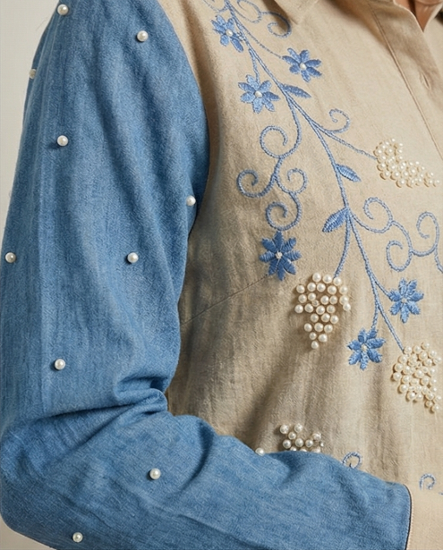 234   Cotton Two-Piece Set in Beige with Blue Embroidery & Pearls