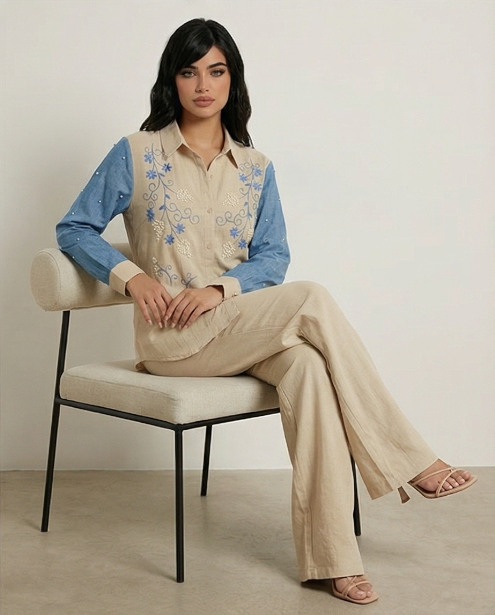 234   Cotton Two-Piece Set in Beige with Blue Embroidery & Pearls