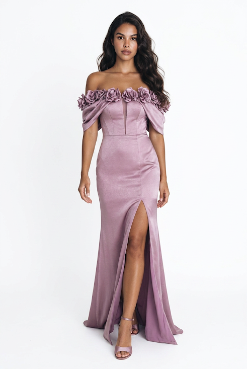 244  Lilac Strapless Satin Gown with 3D Rosettes