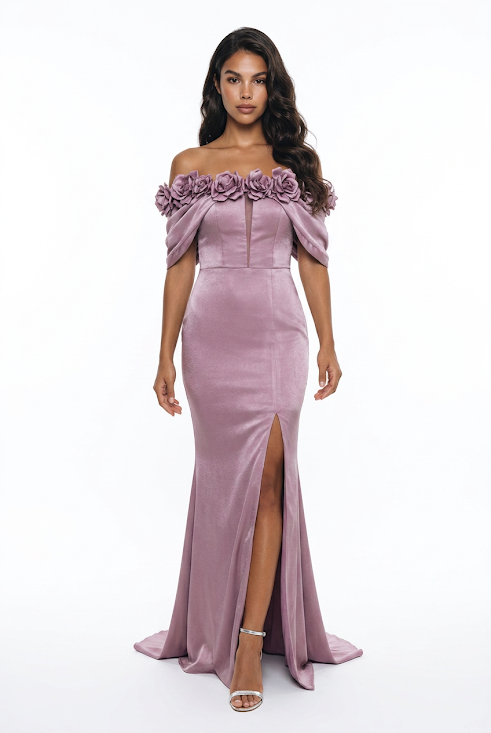 244  Lilac Strapless Satin Gown with 3D Rosettes