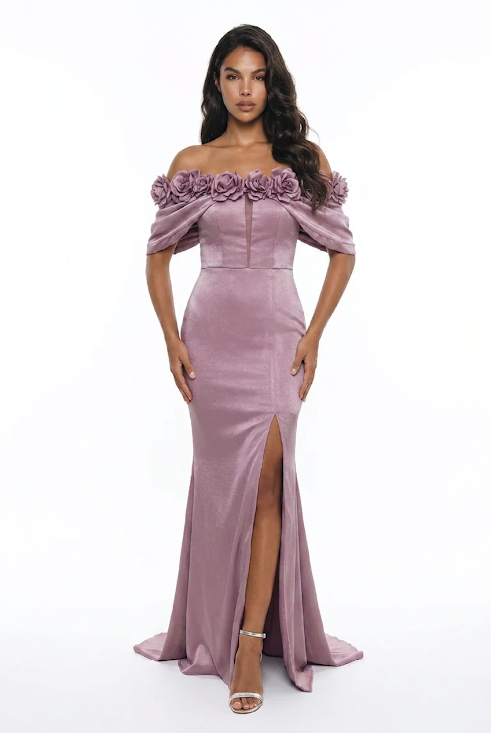 244  Lilac Strapless Satin Gown with 3D Rosettes