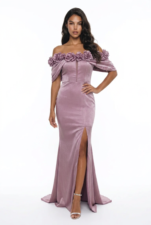244  Lilac Strapless Satin Gown with 3D Rosettes