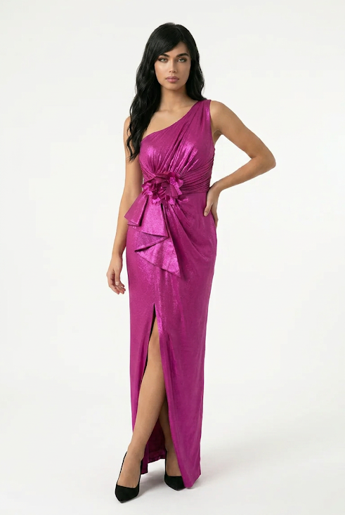 245  Fuchsia Satin One-Shoulder Gown with Waist Rosette