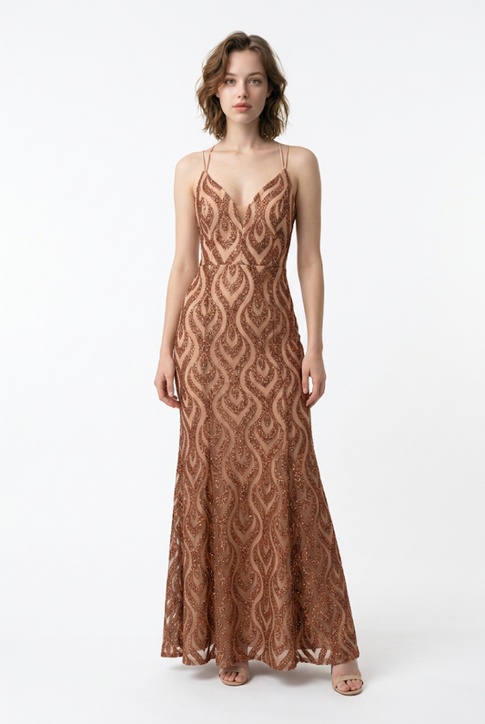 251  Cognac Mermaid Evening Gown in Premium Glitter