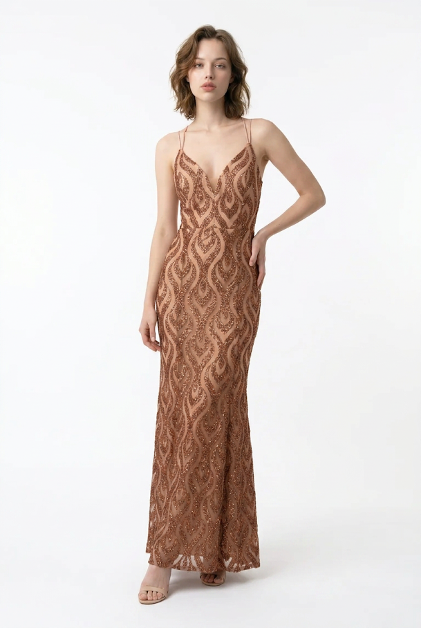 251  Cognac Mermaid Evening Gown in Premium Glitter