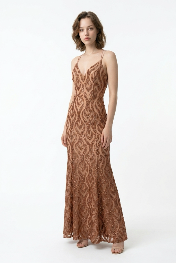 251  Cognac Mermaid Evening Gown in Premium Glitter