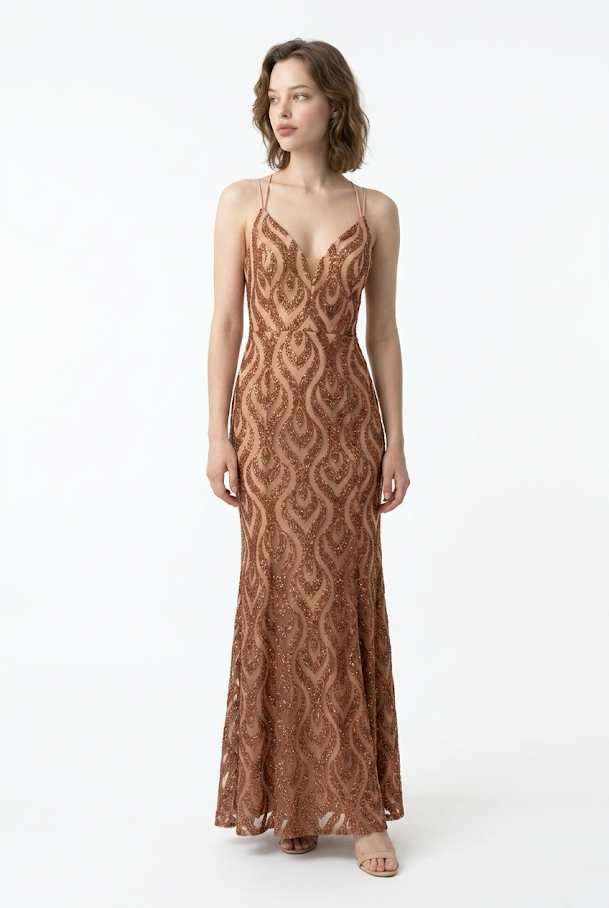 251  Cognac Mermaid Evening Gown in Premium Glitter