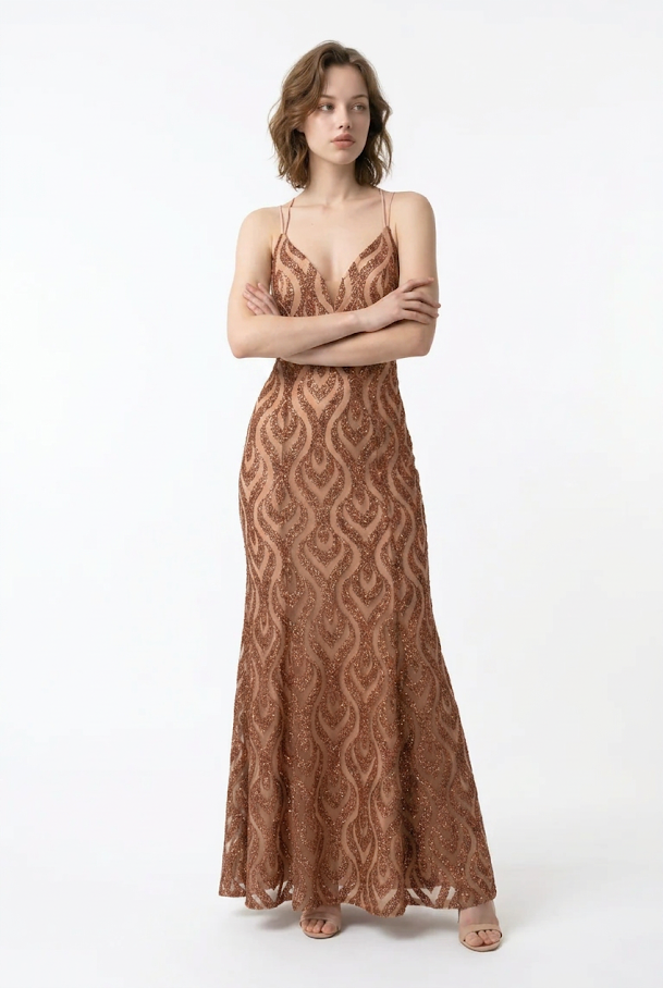 251  Cognac Mermaid Evening Gown in Premium Glitter