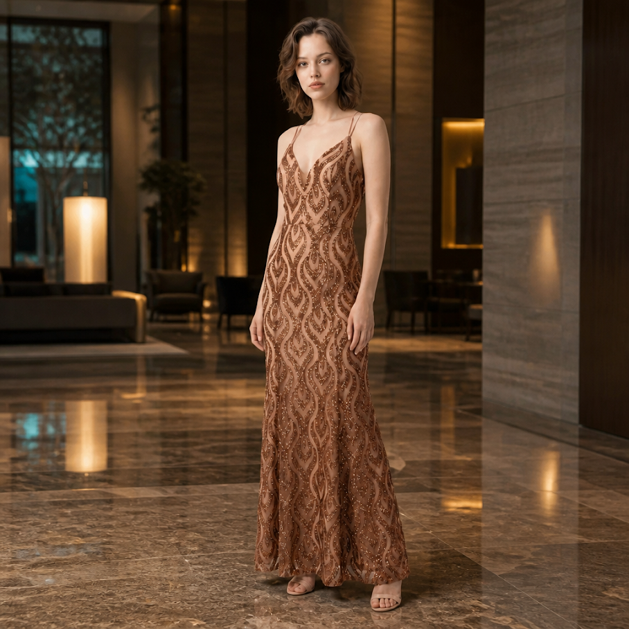 251  Cognac Mermaid Evening Gown in Premium Glitter