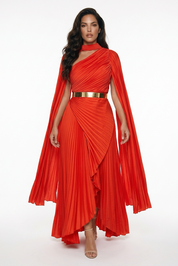 252  Asymmetric Pleated Satin Evening Gown in Orange-Red with Cape Sleeves
