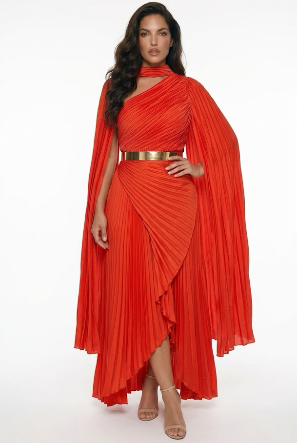252  Asymmetric Pleated Satin Evening Gown in Orange-Red with Cape Sleeves