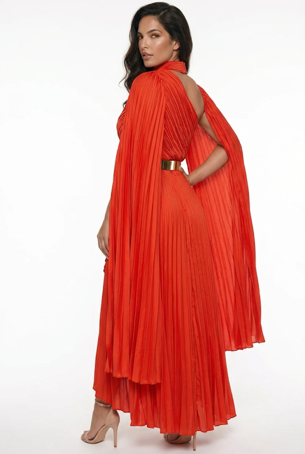 252  Asymmetric Pleated Satin Evening Gown in Orange-Red with Cape Sleeves