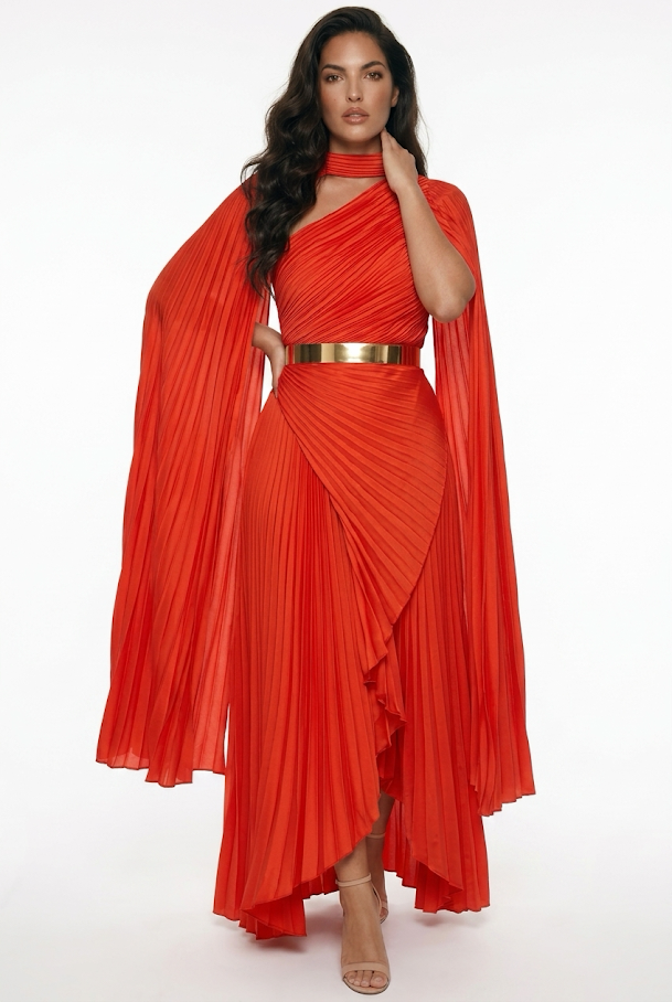 252  Asymmetric Pleated Satin Evening Gown in Orange-Red with Cape Sleeves