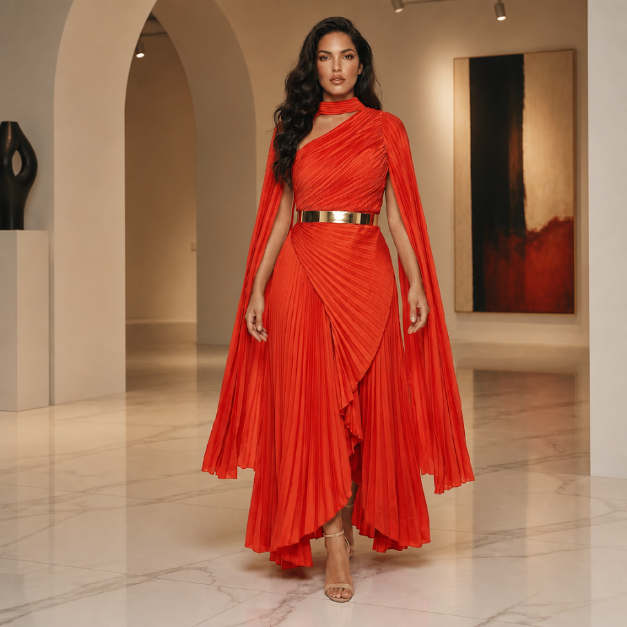 252  Asymmetric Pleated Satin Evening Gown in Orange-Red with Cape Sleeves
