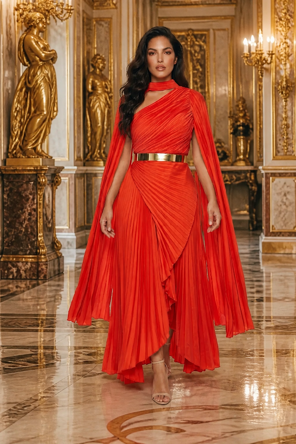 252  Asymmetric Pleated Satin Evening Gown in Orange-Red with Cape Sleeves