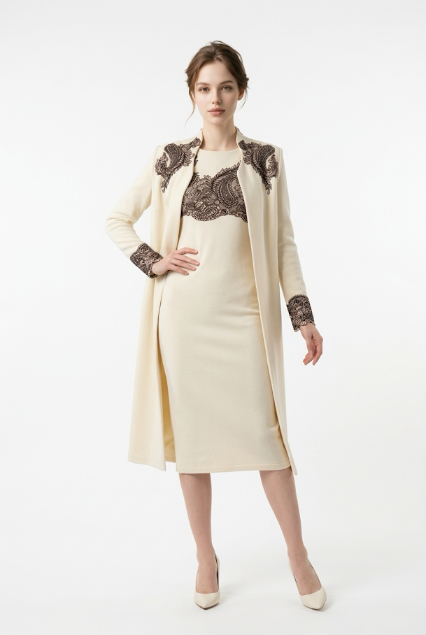 247  Midi Ecru Suede Dress & Vest Set with Lace Appliqué