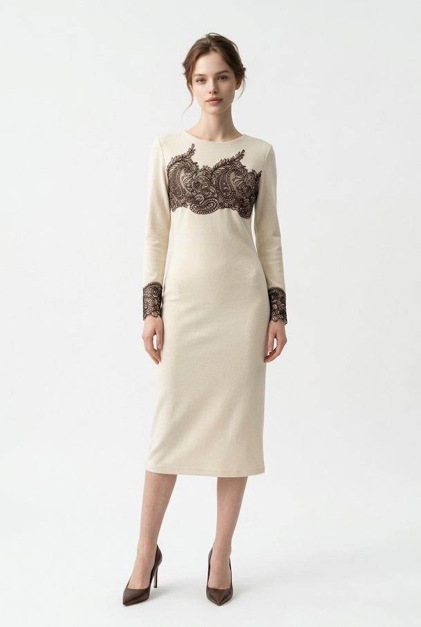 247  Midi Ecru Suede Dress & Vest Set with Lace Appliqué