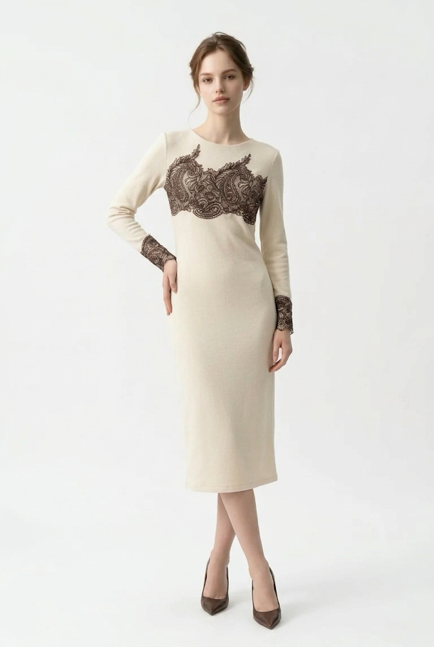 247  Midi Ecru Suede Dress & Vest Set with Lace Appliqué