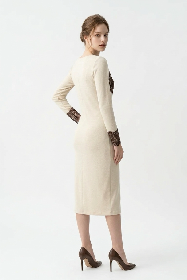 247  Midi Ecru Suede Dress & Vest Set with Lace Appliqué