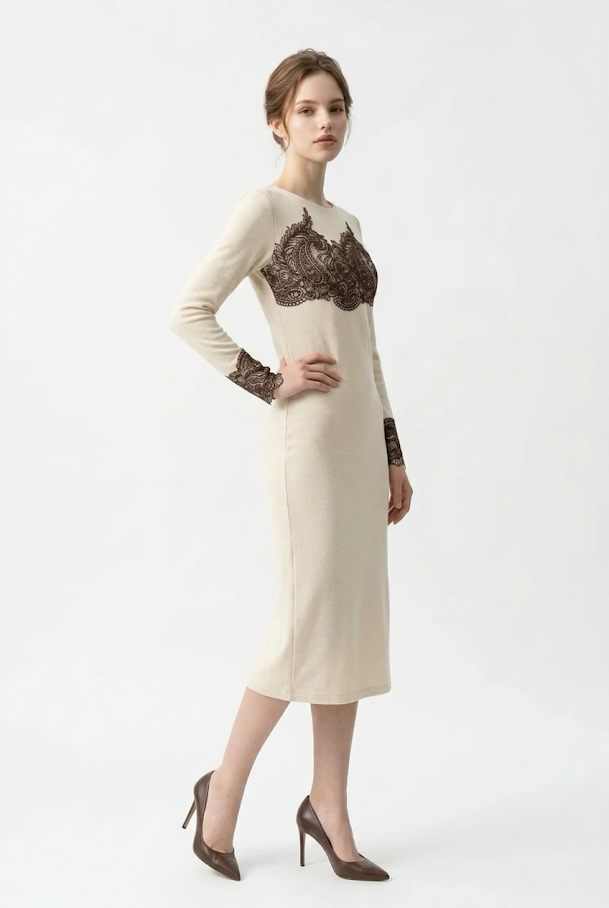 247  Midi Ecru Suede Dress & Vest Set with Lace Appliqué