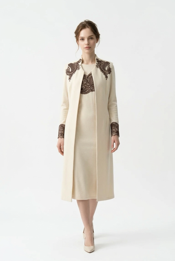247  Midi Ecru Suede Dress & Vest Set with Lace Appliqué