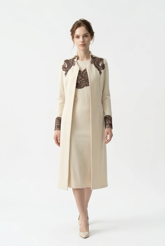 247  Midi Ecru Suede Dress & Vest Set with Lace Appliqué
