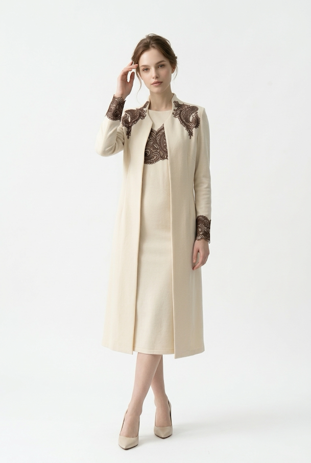 247  Midi Ecru Suede Dress & Vest Set with Lace Appliqué