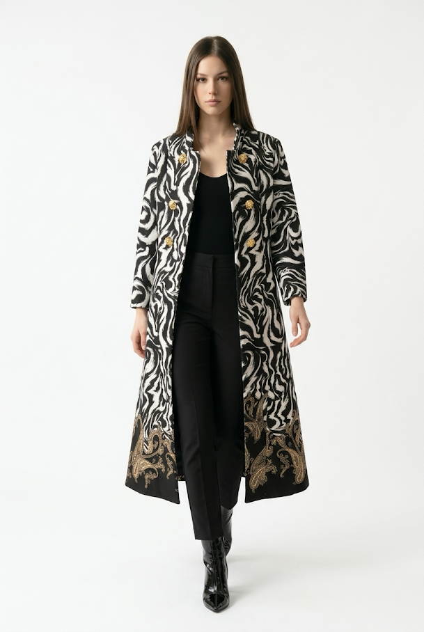 249  Luxury Cashmere-Touch Coat with Digital Print & Gold Details