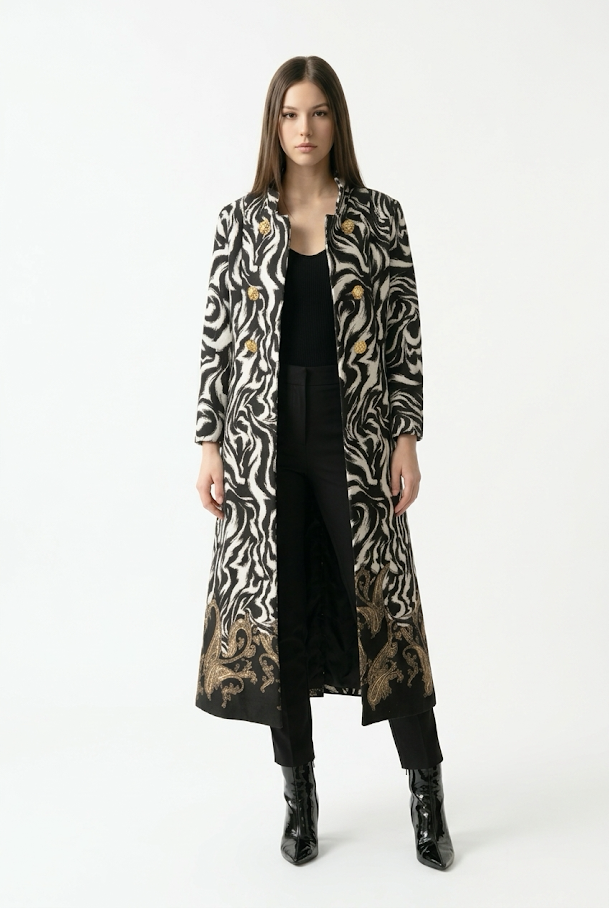 249  Luxury Cashmere-Touch Coat with Digital Print & Gold Details