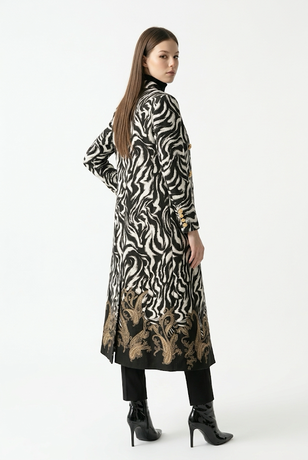 249  Luxury Cashmere-Touch Coat with Digital Print & Gold Details
